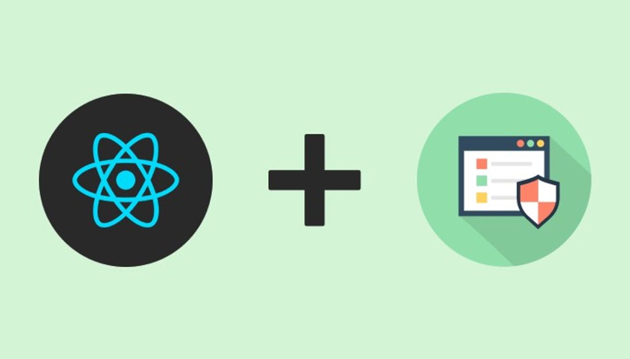 Poster: React logo on left. Plus symbol in center. Icon symbolising secure browsing on right.