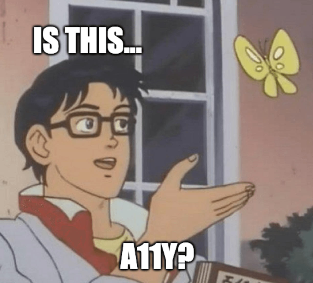 Meme of man looking at butterfly, wondering if this is accessibility