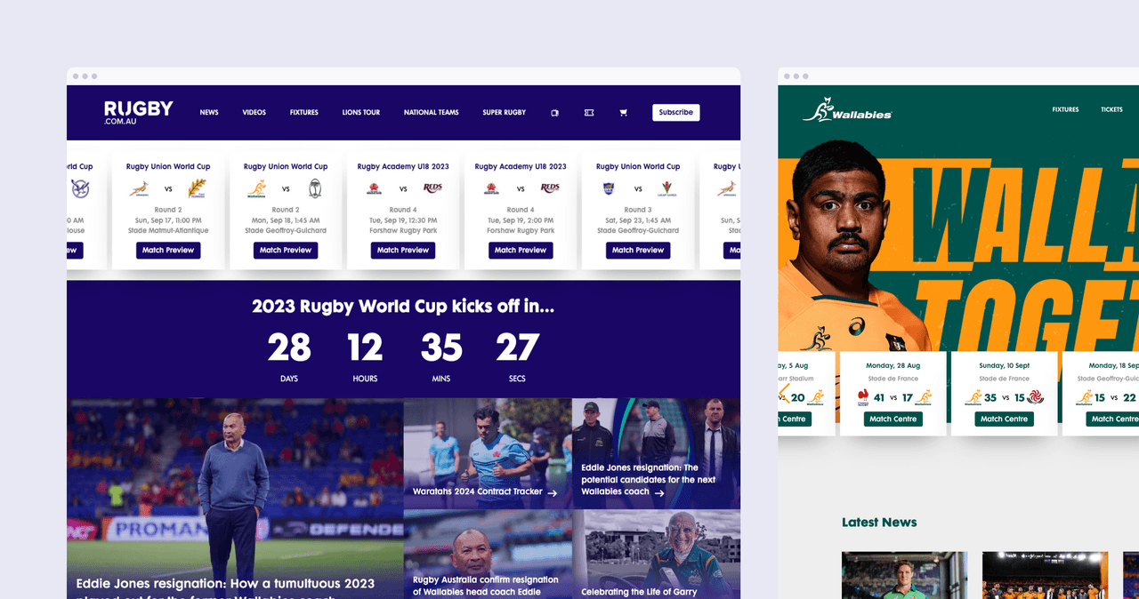 2 screens side by side showing Rubgy Australia homepage and Wallaby homepage.